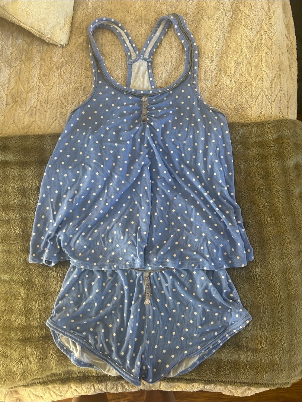 Splendid Blue & White Polka Dot Racerback Tank + Shorts Pajama Set
